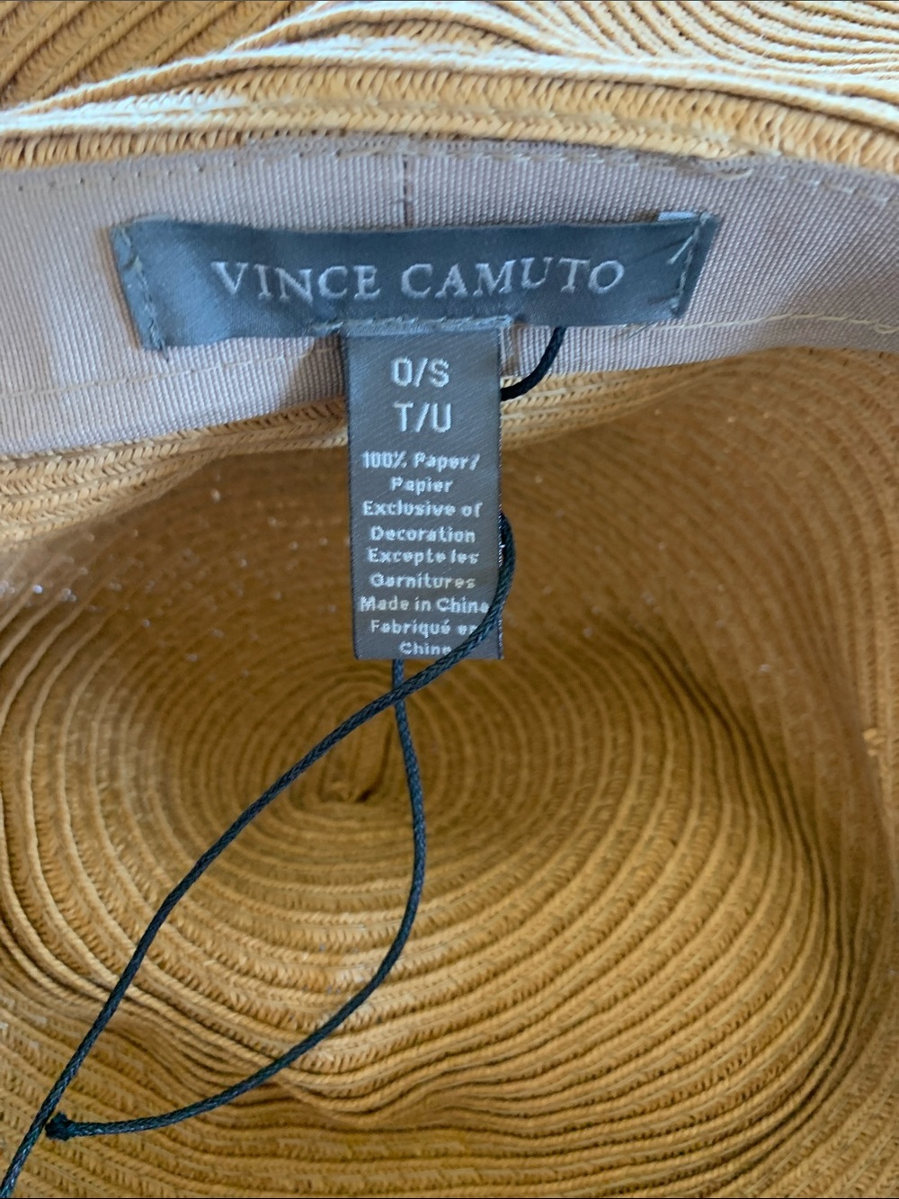 Vince Camuto Panama Straw Hat with Black Gross grain Band Gold V Accent - Picture 3 of 3